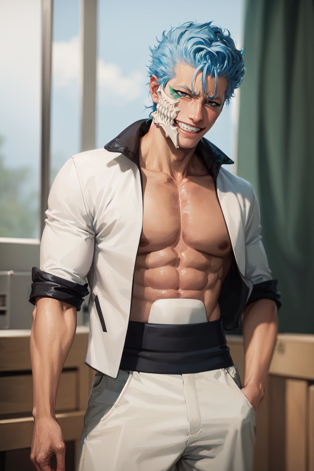 00114-261253414-(masterpiece, best quality_1.2), , cowboy shot, solo, male focus, 1boy, grimmjow, muscular, pectorals, grin, looking at viewer,.jpg